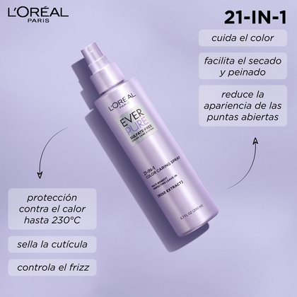 Ever Pure 21 in 1 con protección de calor, sella cutícula, controla el frizz, reduce puntas abiertas, pelo manejable, cuida el color, sella cutícula.