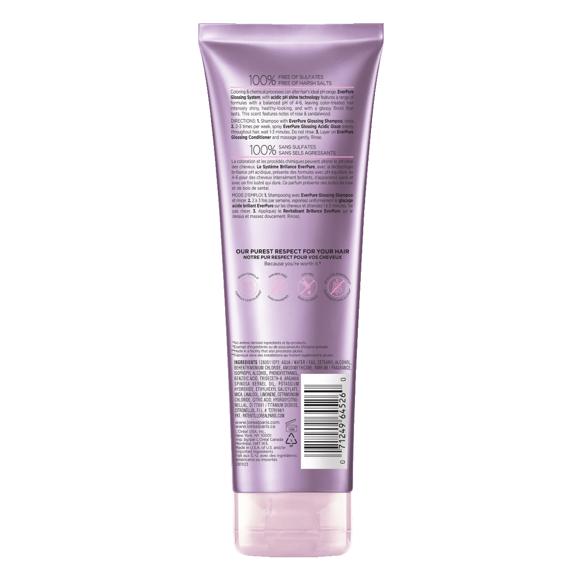 Acondicionador Ever Pure Glossing con pH balanceado para un brillo deslumbrante.