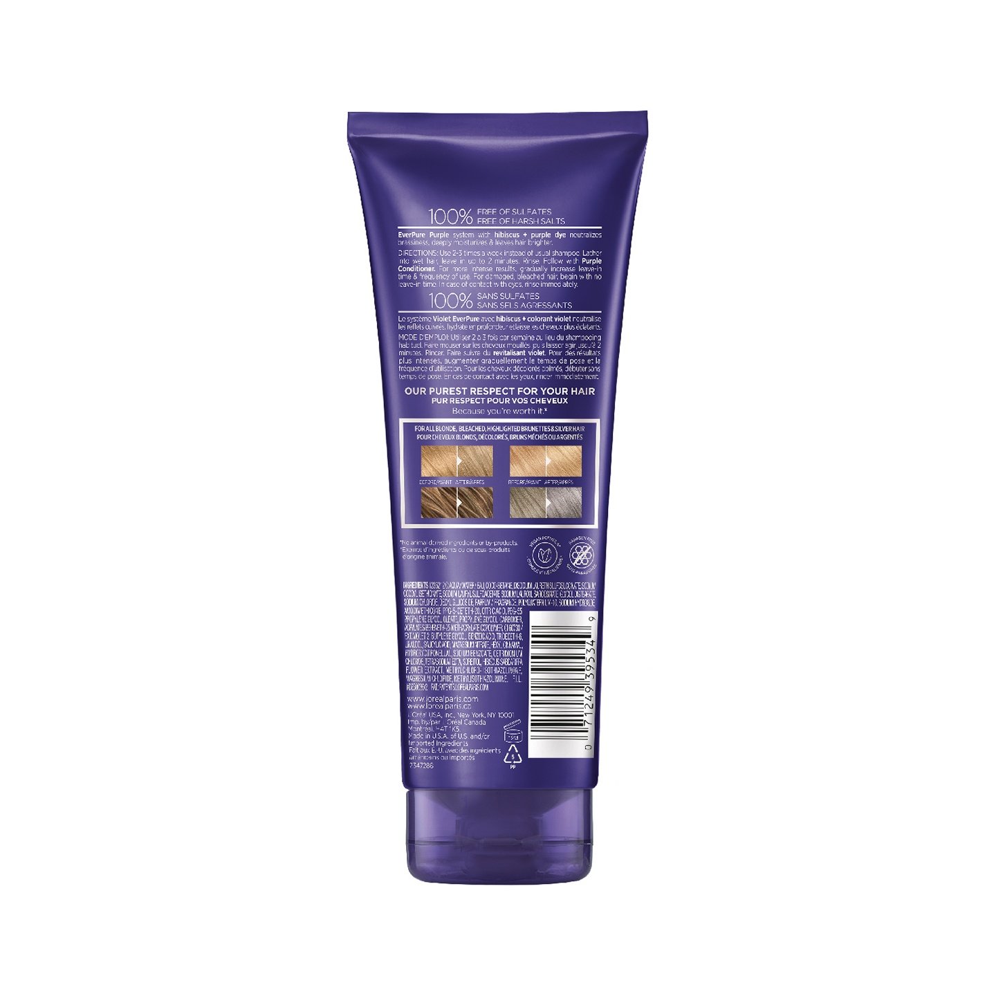 Shampoo morado de Ever Pure Purple de  L'Oréal Paris atrás 