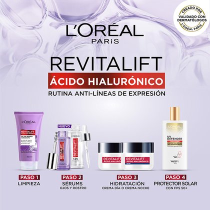 Rutina hidratante y anti líneas de expresión revitalift ácido hialurónico de loreal paris