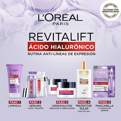 Rutina hidratante y anti líneas de expresión revitalift ácido hialurónico de loreal paris