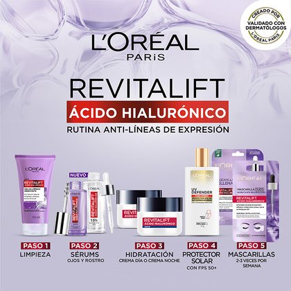 Rutina hidratante y anti líneas de expresión revitalift ácido hialurónico de loreal paris