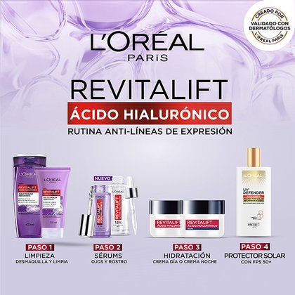 Rutina hidratante y anti líneas de expresión revitalift ácido hialurónico de loreal paris